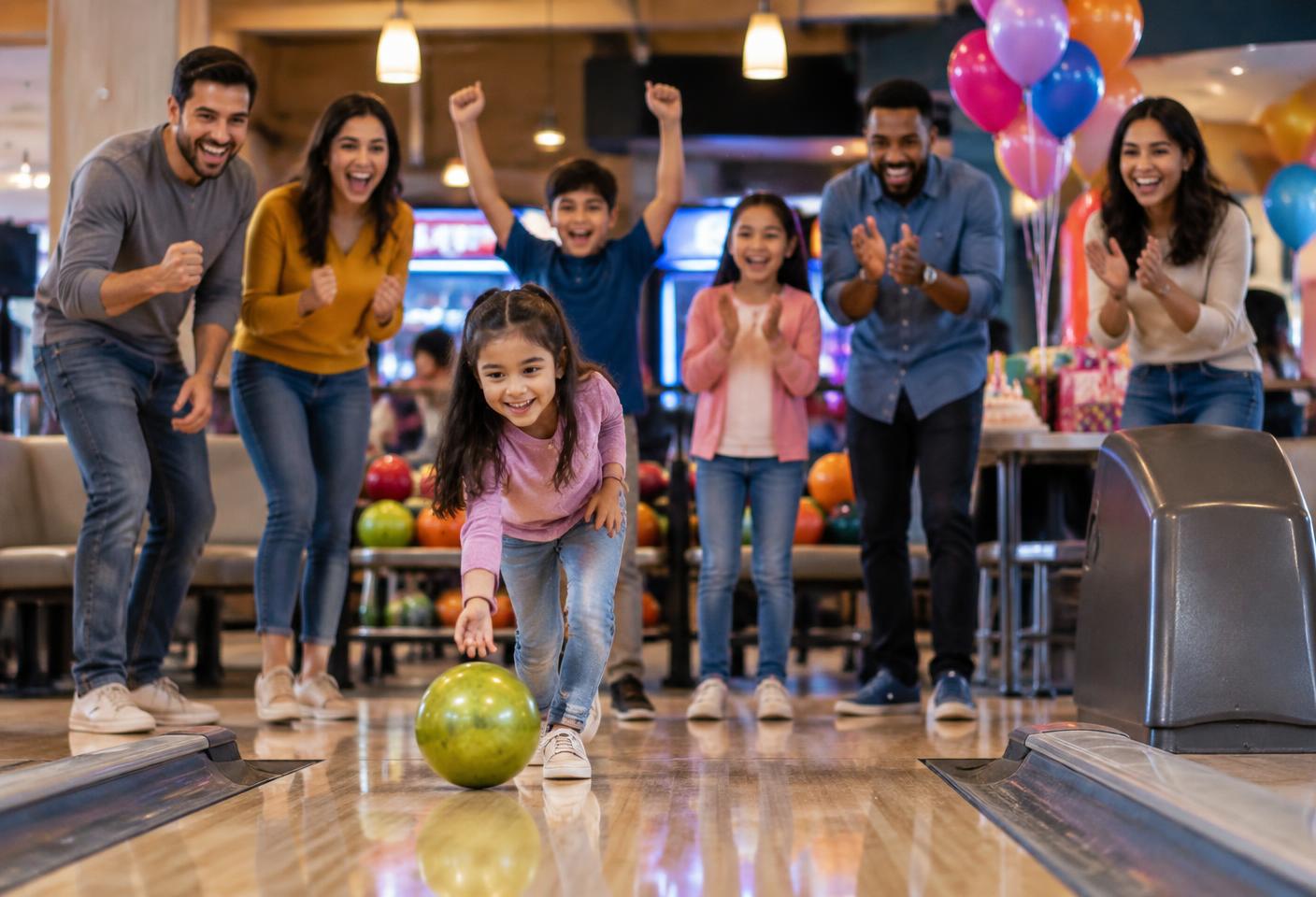 People celebrating in a bowling alley